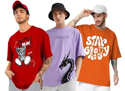LEOTUDE Half Sleeve Oversized Printed T-Shirt for Men, Round Neck Longline Drop Shoulder | Colorful Printed Combo T-Shirt (Pack of 3)                                                                            click on link 50 rupay discount (copy)